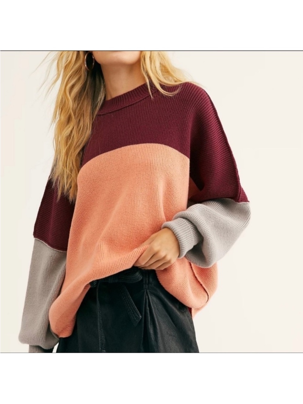 Free People Oversized Colorblock Crewneck in Burgundy, Peach & Gray